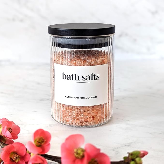 Mason & Fable Ribbed Glass Bathroom Jars with Black Bamboo Lids | Cotton Pad / Swab / Q tip | Bath Salt / Clear Vanity Apothecary Storage Canister Organizer-10fl.oz, Set of 4