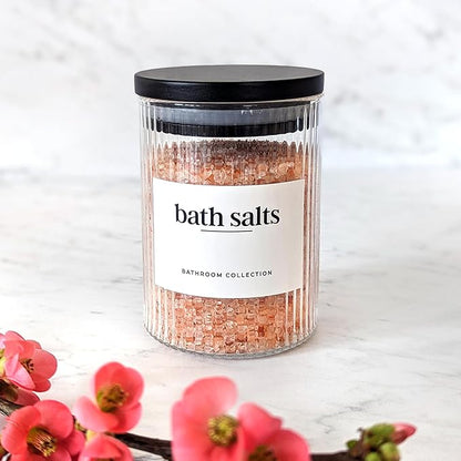 Mason & Fable Ribbed Glass Bathroom Jars with Black Bamboo Lids | Cotton Pad / Swab / Q tip | Bath Salt / Clear Vanity Apothecary Storage Canister Organizer-10fl.oz, Set of 4