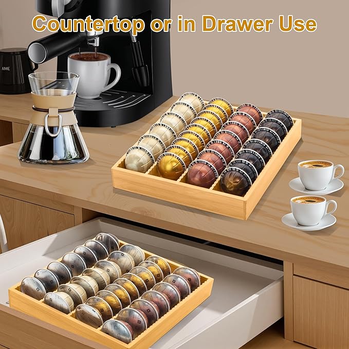 MinBoo Bamboo Coffee Pod Storage Holder Drawer Insert for Counter Compatible with Vertuoline Capsules for Kitchen, Home, Office, Coffee Station,Small