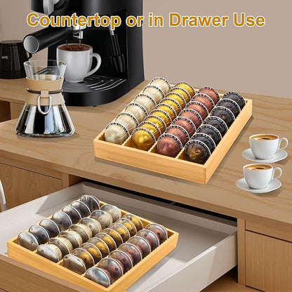 MinBoo Bamboo Coffee Pod Storage Holder Drawer Insert for Counter Compatible with Vertuoline Capsules for Kitchen, Home, Office, Coffee Station,Small