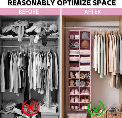 Hanging Shoe Organizer for Closet, 20 Sections Hanging Closet Organizers and Storage Shelves, Space Saving Shoe Storage Rack Holder, Pink, 12''W×12''Dx 50''H