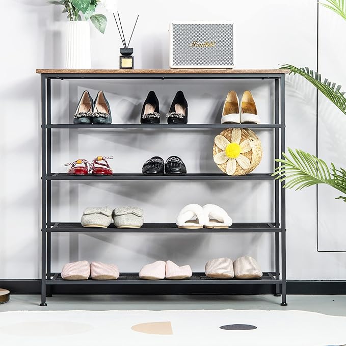 Tangkula 5-Tier Metal Shoe Rack, Freestanding Shoe Storage Organizer with Flat Mesh Shelf & Wooden Top for 16-20 Pairs, Industrial Shoe Storage Rack for Entryway, Hallway, Living Room, Rustic Brown