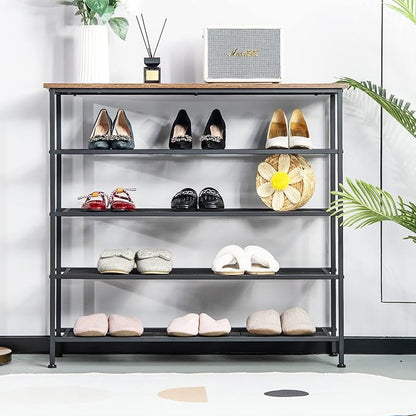 Tangkula 5-Tier Metal Shoe Rack, Freestanding Shoe Storage Organizer with Flat Mesh Shelf & Wooden Top for 16-20 Pairs, Industrial Shoe Storage Rack for Entryway, Hallway, Living Room, Rustic Brown