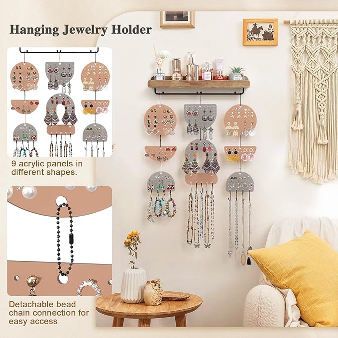 Keebofly Wall Mounted Jewelry Organizer, Boho Hanging Earring Holder with Wood Shelf & Necklace Hooks, Acrylic Pegboard Earring Display Rack for 100+ Pairs Studs, Hoops & Dangles, Decorative Storage