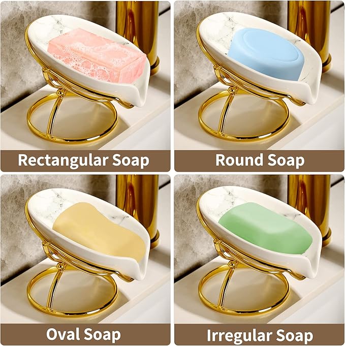 Dobbyby Leaf-Shaped Ceramic Soap Dish with Drain, Holder, Saver, Tray, Bar Soap Holder, Easy Cleaning, for Shower Bathroom Kitchen Sink Bathtub, Pro-Environment White