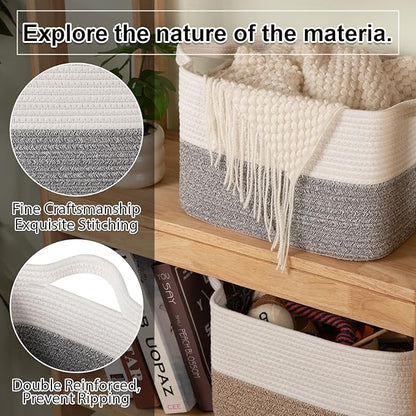 OIAHOMY Woven Storage Basket for Shelves, Rectangle Cotton Rope Baskets for Organizing, 16 x 12 x 10 in, Storage Bins for Dog Toys,Towel,Books,Gift,Grey and White