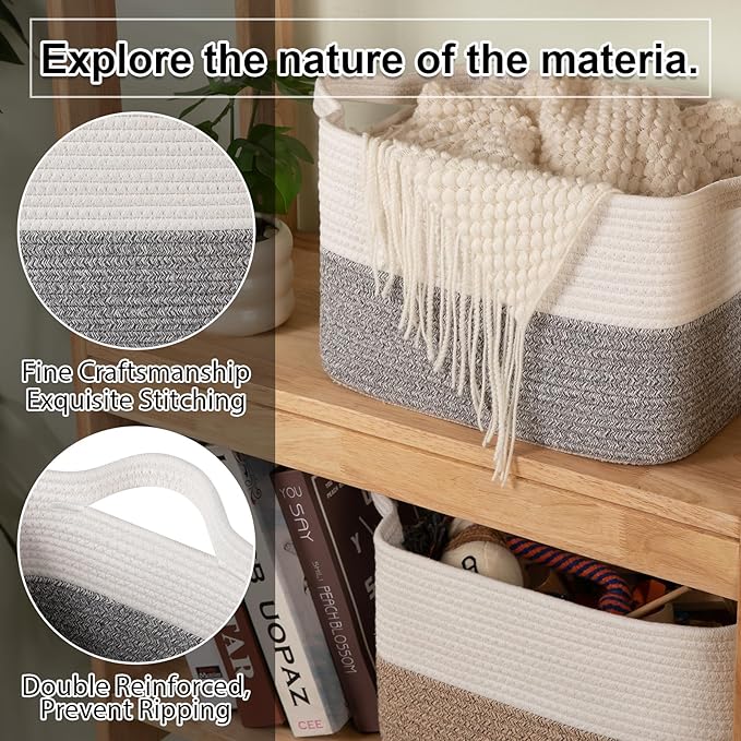 OIAHOMY Woven Storage Basket for Shelves, Rectangle Cotton Rope Baskets for Organizing, 13 x 10 x 9 in, Storage Bins for Dog Toys,Towel,Books,Gift,Grey and White