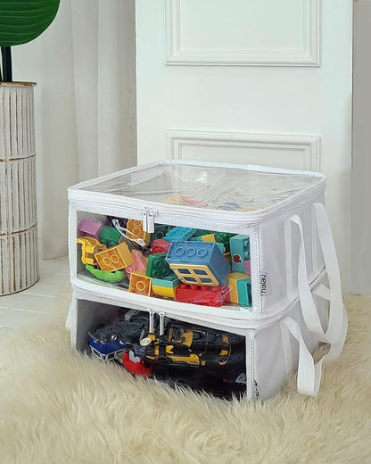 holay 2 Pack Foldable PVC Storage Bins with Transparent Lid & Handles, 12 x 12 x 6 Inch Organizer Boxes for Clothes, Toys & Books (White, Medium)