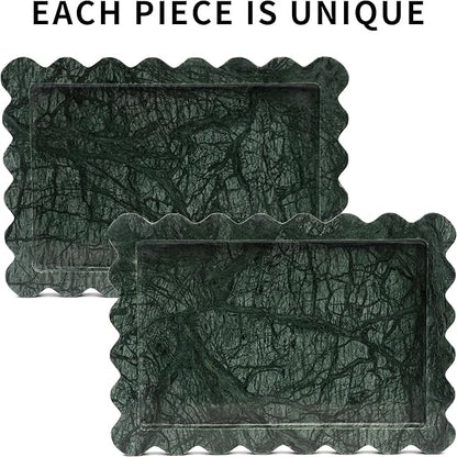 Scalloped Green Marble Tray - Large Home Decorative Stone Vanity Perfume Candle Plates for Bathroom Accessories Coffee Table, Key Dish for Kitchen Countertop Entryway (10.6" x 7.4" x 0.8")