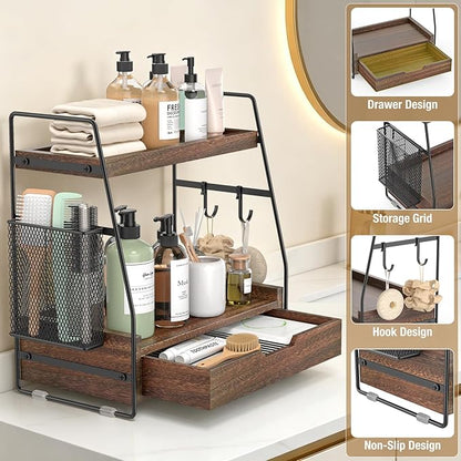 2-Tier Bathroom Counter Organizer with Drawer & Removable Basket, Wood & Metal Vanity Organizer for Skincare, Makeup, Perfume, Toiletries, Small Bathroom Counter Shelf, 13'' Rustic