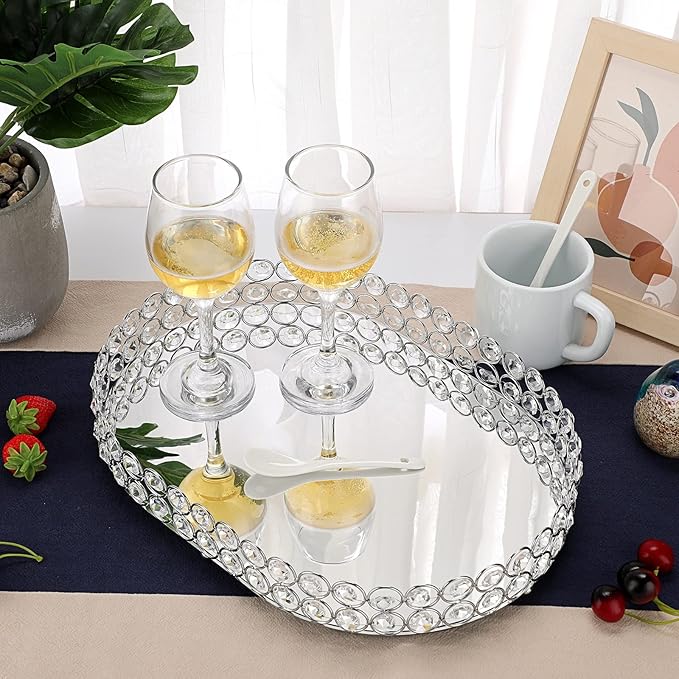 Hipiwe Crystal Vanity Tray, Mirrored Dresser Perfume Trays for Makeup Tray Cosmetic Skin Care Storage, Jewelry Trinket Organizer Tray for Bathroom Countertop Home Decor, Large