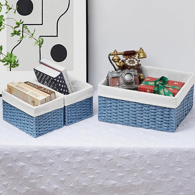 Vagusicc Wicker Basket, Set of 3 Hand-woven Storage Baskets for Organizing, Rectangle Wicker Storage Basket Bins with Handles, Small Toilet Paper Storage Baskets for Shelves & Decor, Blue