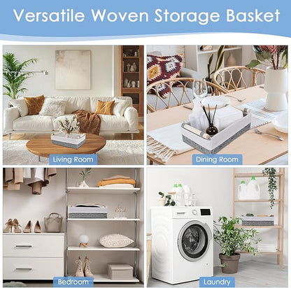 Wicker Storage Basket with Wooden Handle – Paper Rope Decorative Toilet Paper Baskets & Bathroom Organizer for Toilet Tank Top, Shelves, Bedroom, Countertop,Home,Office Storage Bins, 2 Pack,Grey