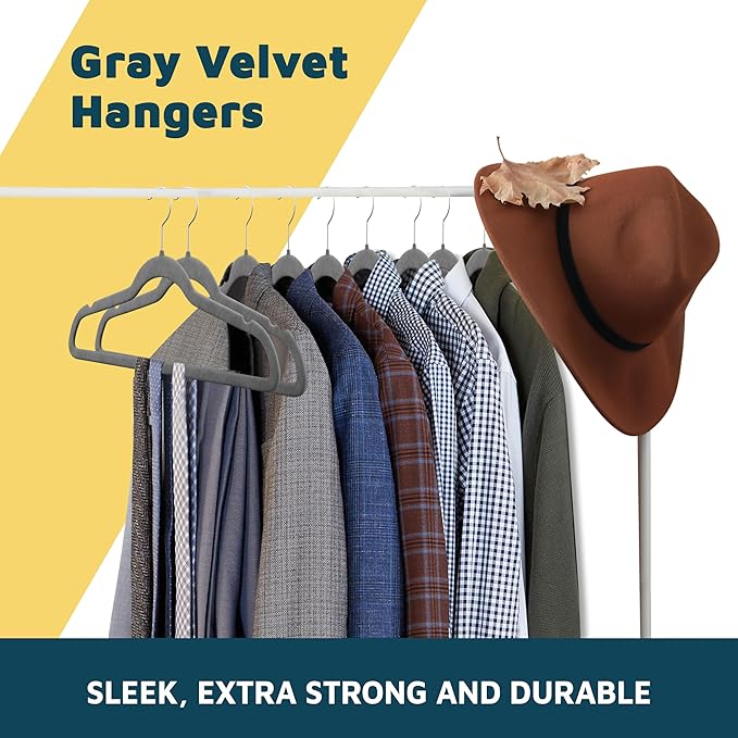 Lifemaster Velvet Non-Slip Hangers - 20 Pieces Non-Slip Coat Hanger Set with 360° Swivel Hook, Space-Saving, Sleek Design, Keep Closet Organized, Smooth Velvet Finish, Lightweight Construction - Gray