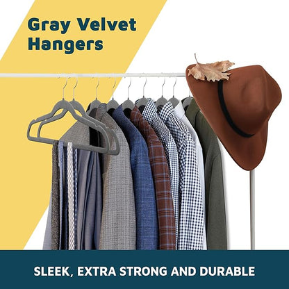 Lifemaster Velvet Non-Slip Hangers - 20 Pieces Non-Slip Coat Hanger Set with 360° Swivel Hook, Space-Saving, Sleek Design, Keep Closet Organized, Smooth Velvet Finish, Lightweight Construction - Gray