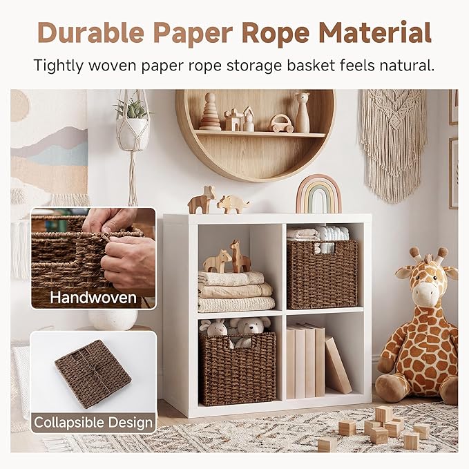 StorageWorks 11 inch Wicker Storage Cubes, Handwoven Cube Storage Bin, Square Cubes Basket, Foldable Paper Rope Basket for Organizing, Brown, 2 Pack
