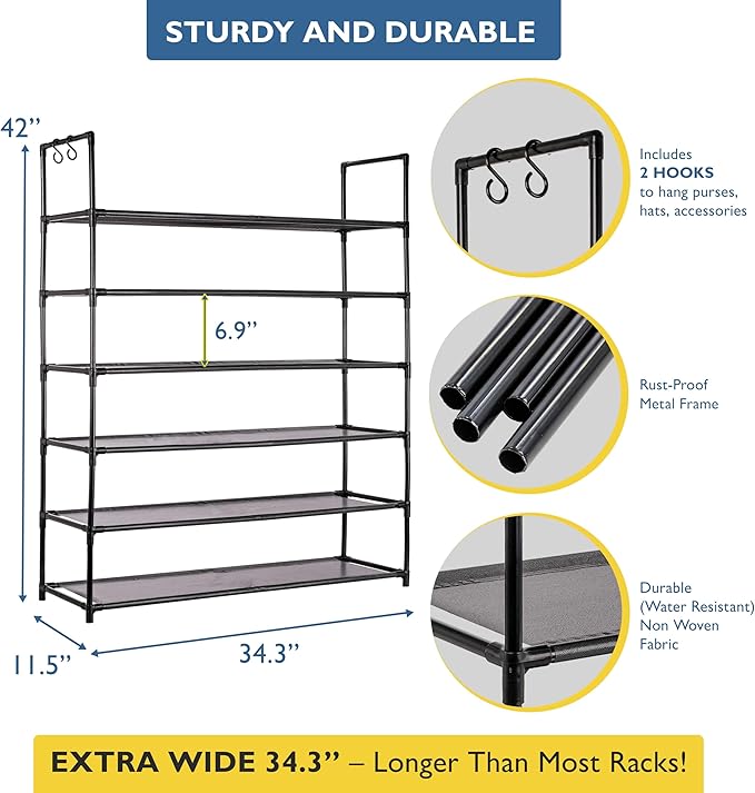Sundaze Shoe Rack - 6 Tier Shoe Rack for Front Door Entrance, Sturdy Tall Shoe Organizer for Closet, Bedroom, Entryway, Garage, Non Woven Fabric Shelf, Black, Holds Up to 30 Pairs