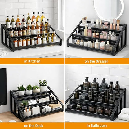 3 Tier Expandable Spice Rack Organizer for Kitchen，13.7"-23.6" Expandable Spice Organization Shelf,Metal Pantry Storage Shelves Racks,Space Saving for for Pantry, Counter top (Patent Pending)
