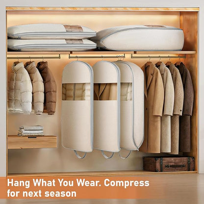DIMJ Garment Bags for Hanging Clothes 10" Gusseted, Space Saving Compression Suit Bag Travel with Handles Window, Washable Carry Clothing Storage Cover for Dress, Coats, Jacket, Shirts,43" 2 Pack