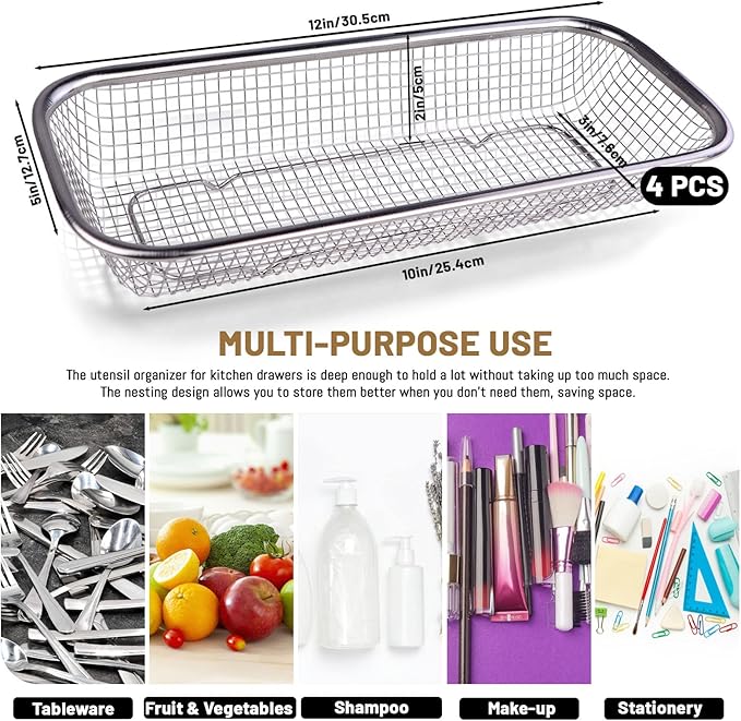 LELE LIFE 4Pcs Silverware Organizer Utensil Organizer, 18/8 Stainless Steel Mesh Kitchen Drawer Organizer, Raised Bottom Flatware Cutlery Organizer in Drawer, Silverware Tray Holder