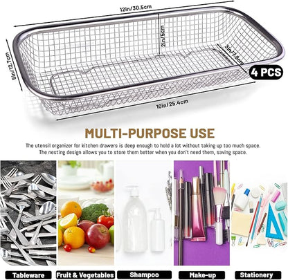LELE LIFE 4Pcs Silverware Organizer Utensil Organizer, 18/8 Stainless Steel Mesh Kitchen Drawer Organizer, Raised Bottom Flatware Cutlery Organizer in Drawer, Silverware Tray Holder