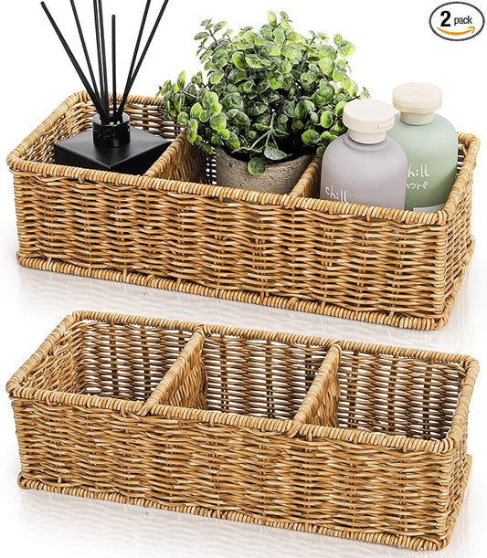 Covzoe 2 Pack Wicker Storage Basket, 3 Compartments Plastic Toilet Tank Topper Woven Basket, Rattan Storage Container Countertop Organizer for Bathroom Bedroom Decor, Tan