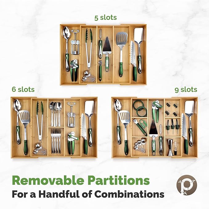 Pristine Bamboo Expandable Drawer Organizers for Kitchen - Extra Deep Non-Slip 17” x 14.6” (expands up to 25 inches) - Dark Wooden Silverware Divider (10 Compartments) – Organize Cooking Utensils