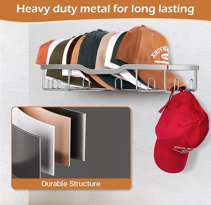 KEETDY Metal Hat Racks for Baseball Caps Wall Hat Organizer Fit 48 Caps Holder, 2 Packs Sturdy Wall Mounted Snapback Storage Organizer, Silver