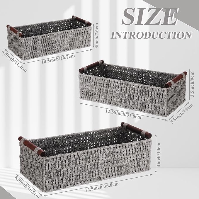 Boao 3 Pcs Boho Storage Wicker Baskets Handmade Woven Decorative Paper Rope Baskets for Organizing with Handle Countertop Toilet Paper Storage Container for Toilet Tank Top(Grey,Rectangle)