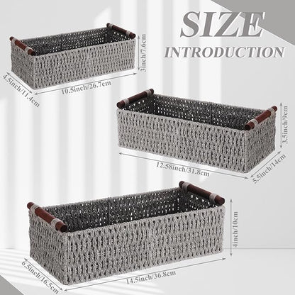 Boao 3 Pcs Boho Storage Wicker Baskets Handmade Woven Decorative Paper Rope Baskets for Organizing with Handle Countertop Toilet Paper Storage Container for Toilet Tank Top(Grey,Rectangle)