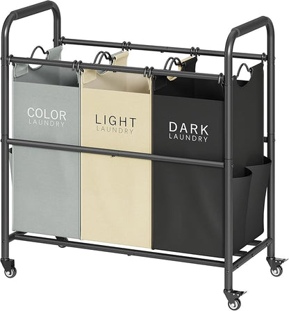 Tajsoon 3 Bag Laundry Sorter Cart, Laundry Hamper Sorter Basket with Heavy Duty Lockable Rolling Wheels for Clothes Storage, 3 Colors