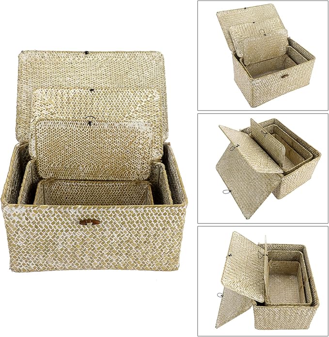 Hipiwe Set of 3 Wicker Storage Baskets with Lid - Large Handwoven Seagrass Shelf Basket Bins Rectangular Nesting Household Organizer Boxes for Shelf Closet Wardrobe Organizer, Whitewash