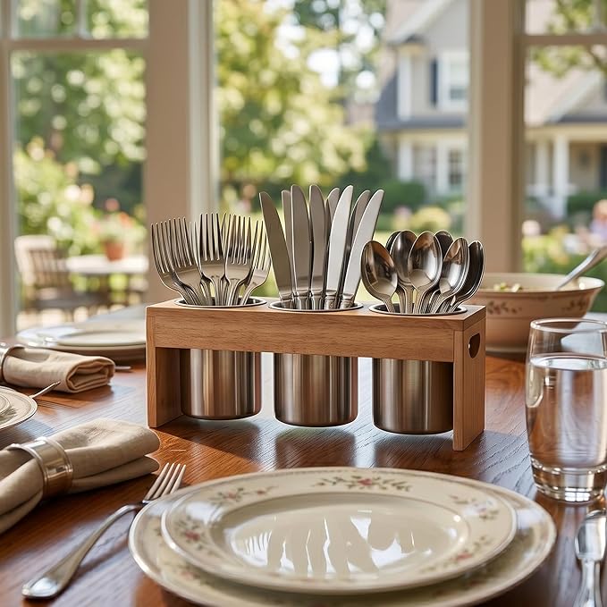 Flatware Caddy Stainless Steel Cutlery Holder with Wood Base, Containers for Kitchen Use