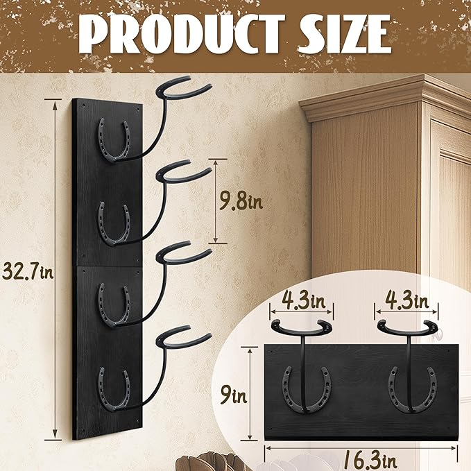 Montex Cowboy Hat Rack for Wall, Wooden Cowboy Hat Holder 4 Hats, Hanging Western Hat Rack, Hat Organizer with Horseshoe Mounts Western, Black