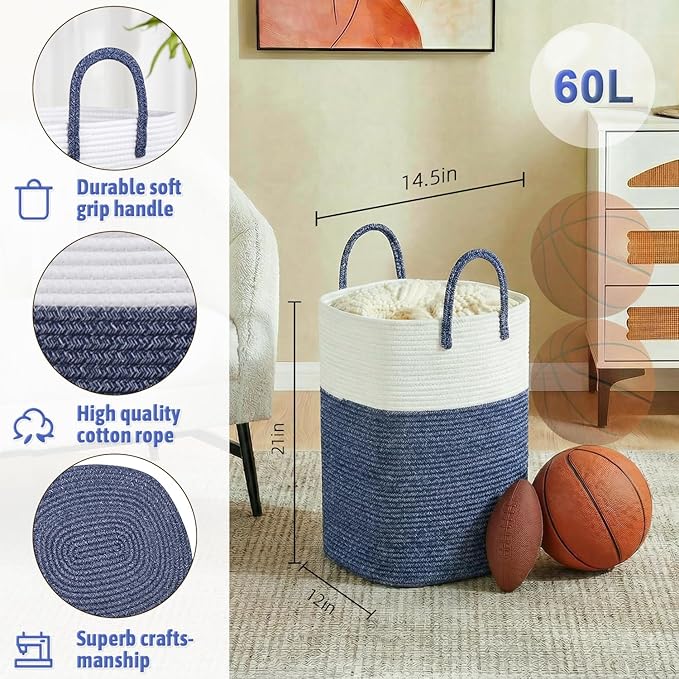 Laundry Basket,Woven Cotton Rope Laundry Hamper,Versatile Storage for Dirty Clothes,Baby Toys,and Blankets in Bathroom, Nursery,and Living Room (Blue, 60L)