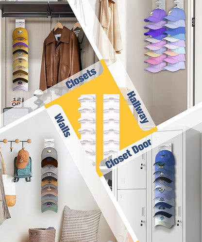 Hat Organizer for Baseball Caps 2 Pack, Hat Rack for Wall Hold up to 20 Hats with Strong Adhensive, Hats Holder Hanger Space Saving for Displlay, Cap Organizer Storage Multilayer(White)