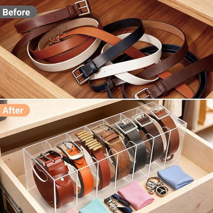 Meaocer Belt Organizer - 7 Compartment Acrylic Belt Display Case for Closet Ties and Bow Ties