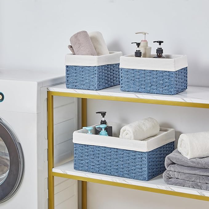 Vagusicc Wicker Basket, Set of 3 Hand-woven Storage Baskets for Organizing, Rectangle Wicker Storage Basket Bins with Handles, Small Toilet Paper Storage Baskets for Shelves & Decor, Blue