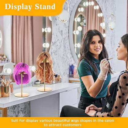 Sintuff 4 Pcs Hat Display Stand:adjustable 7.9-15.7inch Wigs Head Holder Stand Non Slip Stainless Steel Metal Rack for Multiple Hats Wig Storage Styling Practice(Gold,Round Base)