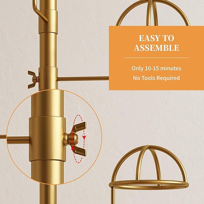 Hat Rack with 15 Circular Hooks Floor Hat Stand Freestanding Hats Rack Stand Adjustable Metal Hats Tree Organizer Rack Display Standing Suitable for Home Store Commercial, Gold