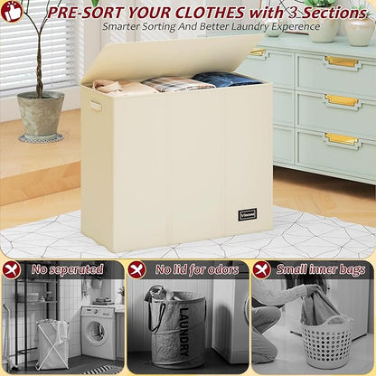 195L Laundry Hamper 3 Section,Large Laundry Hamper with Lid,Dirty Clothes Hamper with 3 Inner Bags,Collapsible Laundry Basket Organizer for Laundry Room,Bedroom,Laundry Sorter Hamper 3 Compartment
