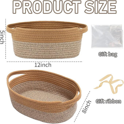 JMvicyroam Woven Basket,Small Rope Storage Bin with Handles & Ribbon Bag, Organizer for Shelves Closets,Gift Basket Empty for Birthday,Books,Dog Toys, Jute&Brown/3 Pack