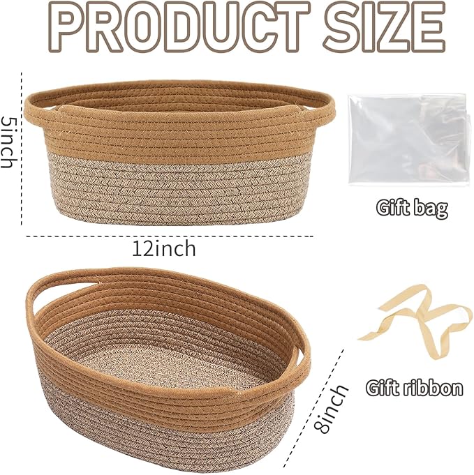 JMvicyroam Woven Basket,Small Rope Storage Bin with Handles & Ribbon Bag, Organizer for Shelves Closets,Gift Basket Empty for Birthday,Books,Dog Toys, Jute&Brown