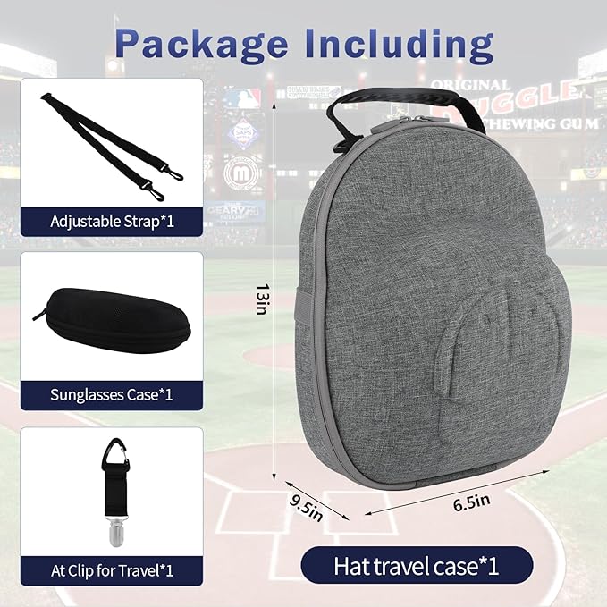 Hat Travel Case, Hard Hat Carrier Organizer with Clip & Glasses Storage, Holds 6 Baseball Caps for Home/Travel - Grey