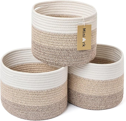 MiniArk Small Basket for Organizing | Cube Shelf Closet Storage Baskets | 9.7×9.7×7.1” | Woven Rope Gift Basket | Nursery | Round 3 Packs Gradient Brown