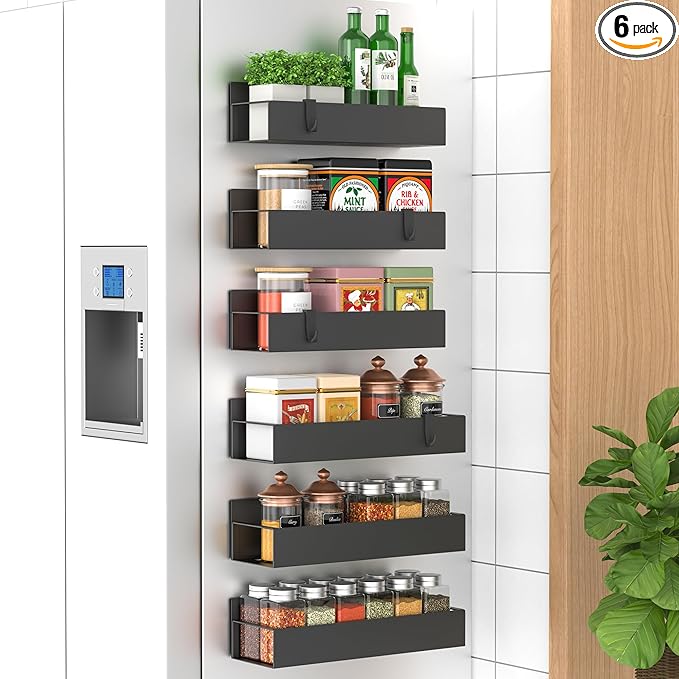 HuggieGems 6 Pack Magnetic Spice Storage Rack Organizer for Refrigerator and Oven, Black Fridge Organizers and Storage