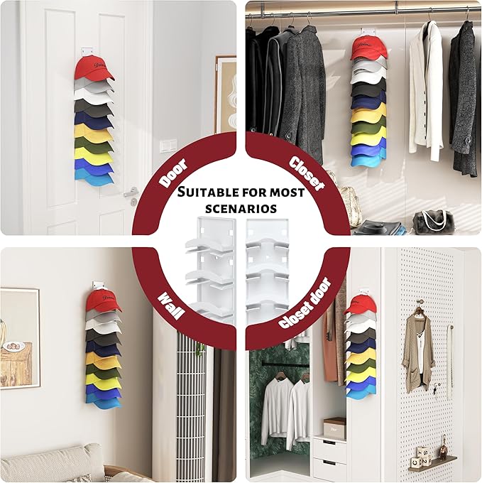 Hat Organizer Hold up to 20 Hats, 2 Pack Hat Rack for Wall with Strong Adhesive, Hat Organizer for Baseball Caps Display for Door Closet, Hat Hanger Holder Multilayer Two Mounting Option(White)