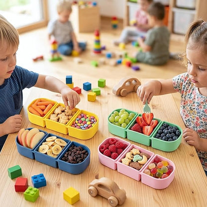 Silicone Reusable Snack Containers with Lids, 4 Pack 3 Compartment Bento Snack Boxes, Leakproof Food Storage Containers for Meal Prep, Lunch, Fruits, Kids & Adults, Dishwasher Safe