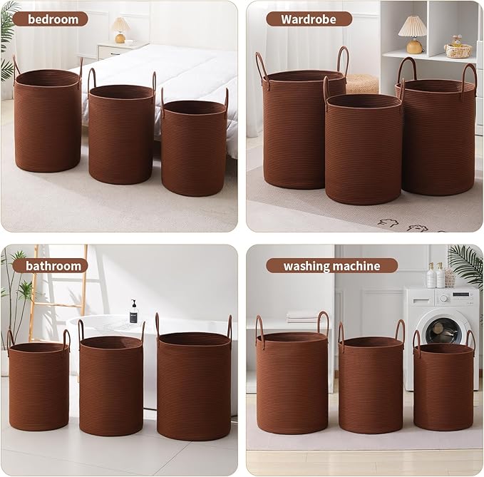 Laundry Basket Hamper Tall Rope Storage Woven for Blanket toys Dirty Clothes in Living Room Bathroom Bedroom (Dark Brown, 80L/21.3Gal)