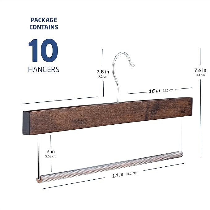ZOBER High-Grade Wooden Slack/Trouser Pants Hangers with Non Slip Bar Smooth Finish, Durable Wooden Hangers - Slim & Sleek Space Saving Closet Hangers, 360° Hook- Ideal for Pant (Vintage, 10)